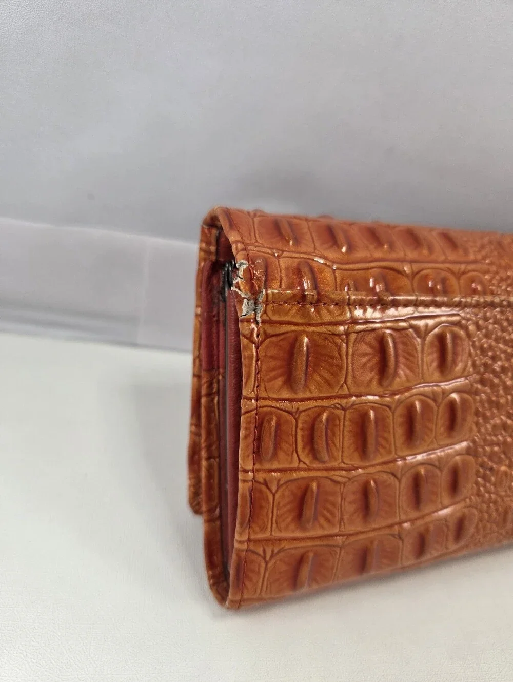 Vera Pelle Burnt Orange Croc Embossed Leather Kiss Lock Wallet